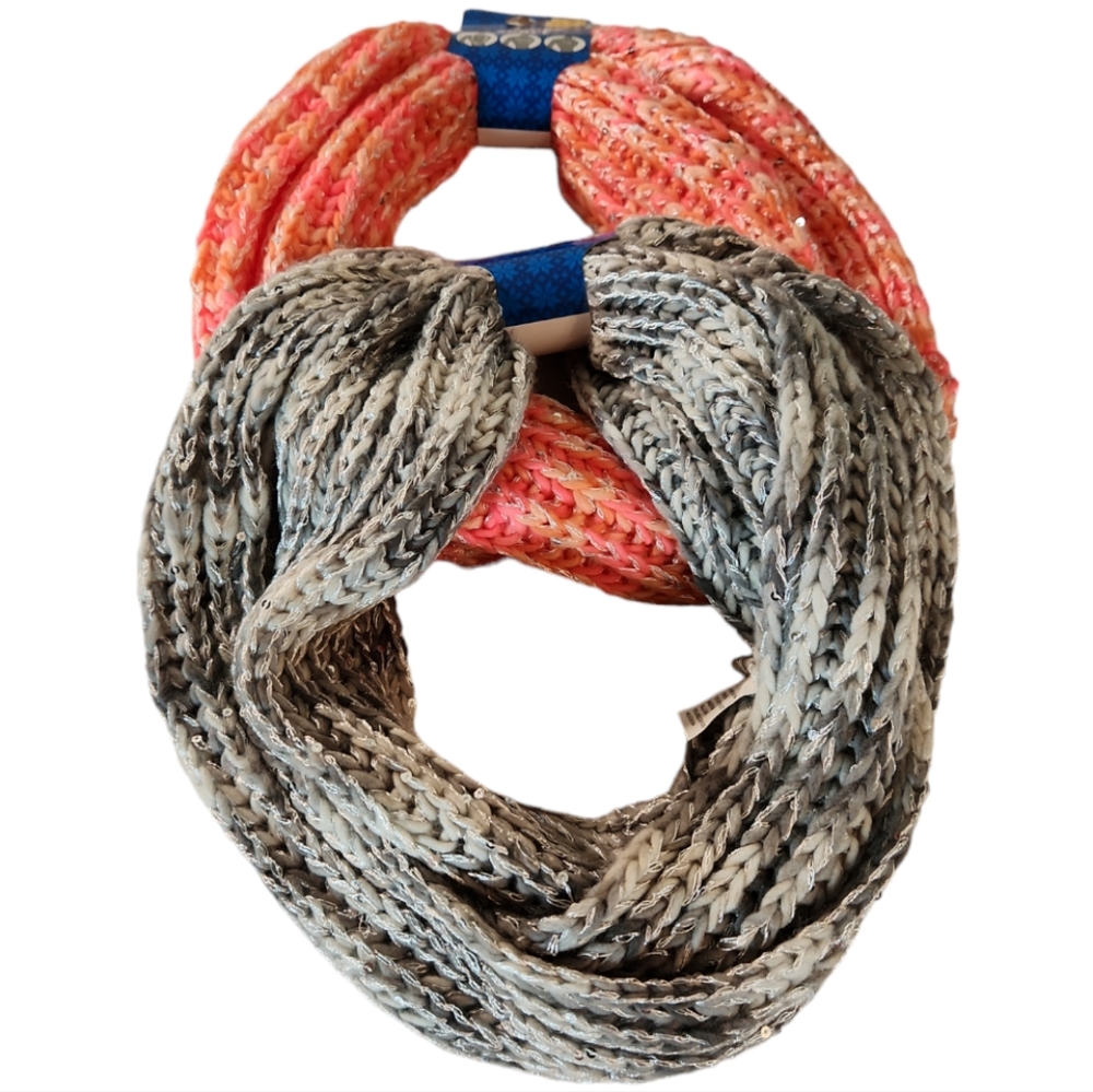 BUNDLE INFINITY KNITTED SNOOD CORAL & GREY SEQUIN SCARFS